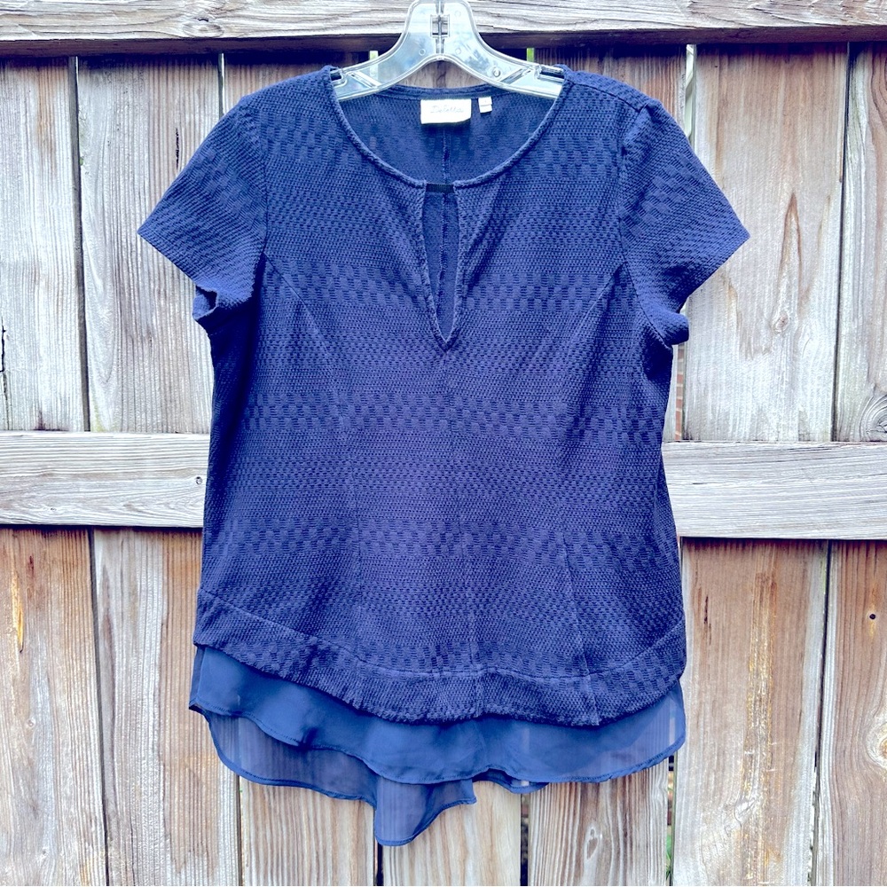 Anthropologie, Deletta brand fitted top, dark blue, cap sleeve, ruffle hem
